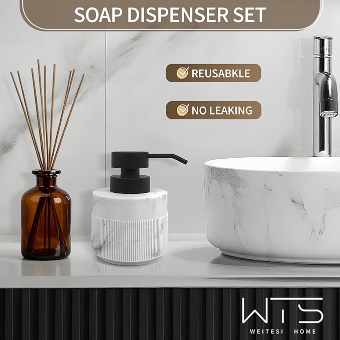 12.5oz Resin Soap Dispenser for Bathroom Countertop, Refillable Hand Soap Lotion Dispenser with Rust Proof Pump for Kitchen Countertop, Easy-to-Press, Marble White