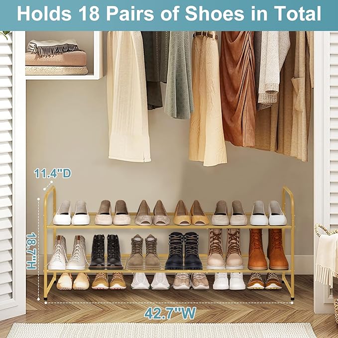 AOODA Long 2 Tier Shoe Rack for Closet Metal Wide Stackable Shoe Storage Organizer for Entryway, Bedroom, Floor, 18-Pairs Low Sneaker Shelf, Golden
