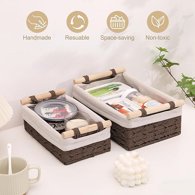 Wicker Storage Baskets with Wooden Handle, Decorative Paper Rope Organizer Bins for Home, Bathroom, or Countertop, Small Baskets Set of 2 (Dark-Brown)
