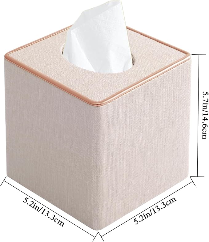 Linen Square Tissue Box Cover,Cube Tissue Box Holderï¼Excellent Rosegold Leather Decoration,Table Napkin Case Dispenser,Facial Tissues Organizer with Magnetic Bottom for Home Office Car(Beige)