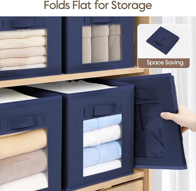 Storage Cube 11 Inch - Cube Storage Bins with Window, Closet Storage Baskets with Handle, Fabric Bins for Closet, Shelves, Toys, Clothes, Set of 10, Navy Blue