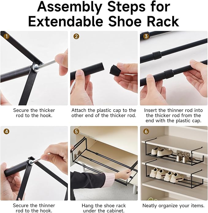Expandable Hanging Shoe Rack Organizer for Closet, Adjustable Shoe Rack Under Cabinet Shelf, Versatile Under Shelf Storage for Kitchen, Book, Clothing Storage and Organization(Black,4PCS)