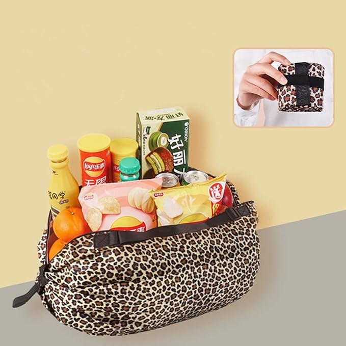 Portable Foldable Shopping Bag Large Capacity Multipurpose Storage Bag Sports Travel Shoulder Bag (Leopard Print)
