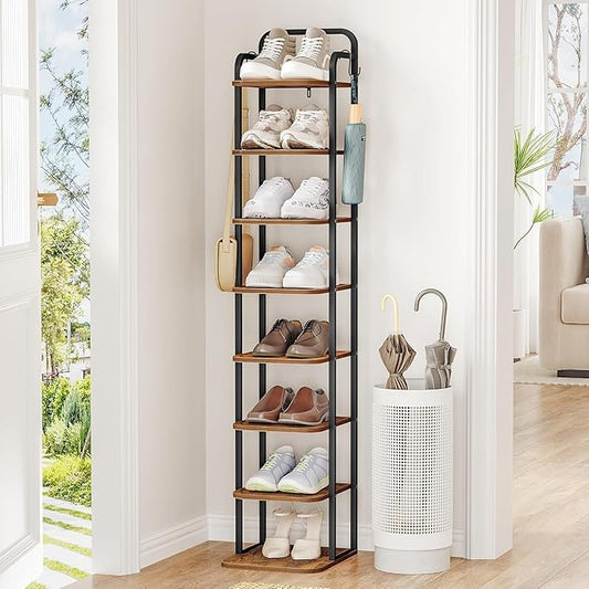 8 Tiers Vertical Shoe Rack, Narrow Shoe Tower, Tall Shoes Shelf with 2 Hooks, Adjustable Shelves, Corner Shoes Shelves for Small Spaces, Entryway, Living Room, Rustic Brown SR04301B