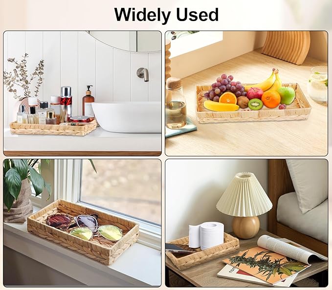 Rectangle Bathroom Tray, 10" Bathroom Over Toilet Tank Tray Water Hyacinth Wicker Basket for Bathroom Counter Long Narrow Badtub Hand Towel Storage Basket for Home Decor, Rattan Yellow