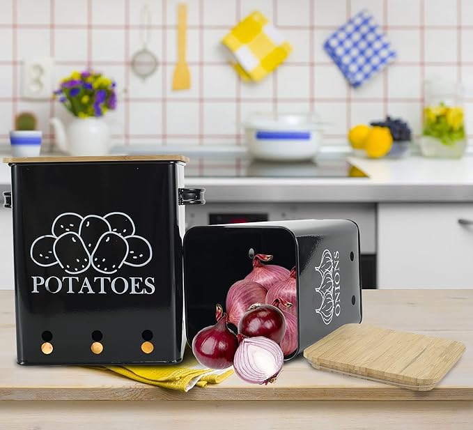 Kitchen Vegetable Storage Tins Set of 2 for Potatoes, Onion, with wooden lid Garlic Bin Caddy, Long Shelf Life-Black
