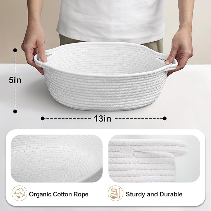 White Small Woven Basket, 13â x 9â x 5â Baskets for Gifts Empty Cotton Rope, Cute Nursery Baby Storage Organizer, Wicker Cat Toy Bin Box with Handles, Empty Gift Boo Basket