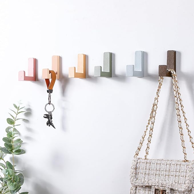 6 Pack Cute Kids Coat Wall Hooks Wooden Adhesive Decorative Colorful Wall Mounted Hangers Backpack Hooks for Hanging Keys Towel Clothes Bathroom Organization(Bohemian Color)