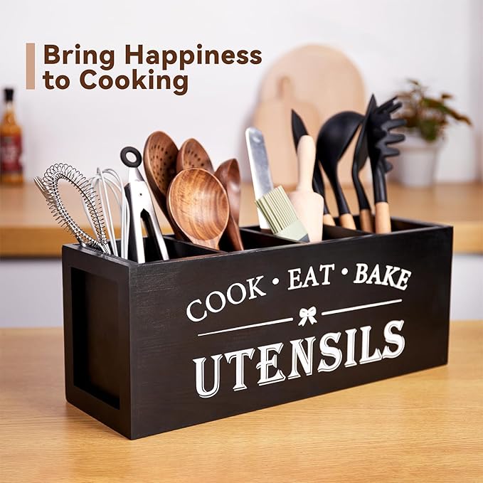 Utensil holder for Kitchen Counter Large Round Utensils Holder with Wooden Base Matte Black Cooking Utensil Holder，Kitchen countertop Utensil Organize (Black-4 Compartments)