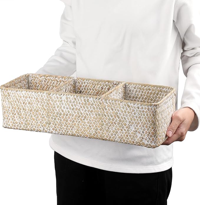 Hipiwe Handwoven Seagrass Storage Basket 3 Sections Toilet Tank Paper Basket Wicker Shelf Basket for Pantry Kitchen Living Room Home Decor, Whitewash