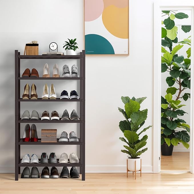 Haddockway Small 6 Tier Bamboo Shoe Rack Storage Organizer,Multifunctional Free Standing Stackable Shoe Shelf with Grid Panel for Closet,Hallway,Entryway,Small Space 18"x11"x34"