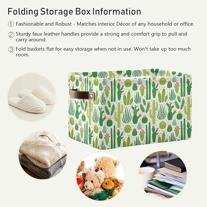 Bolaz Large Storage Basket Green Cacti Cactus Foldable Storage Box Organizer Bins with Handles for Bedroom Home Office