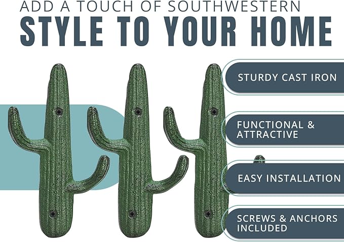 Comfify Set of 3 Hooks Cast Iron Cactus Double Wall Mounted Hooks/Hangers - Decorative Wall Mounted Hooks for Coats, Bags, Towels and More - w/Screws and Anchors Included - Rustic Green