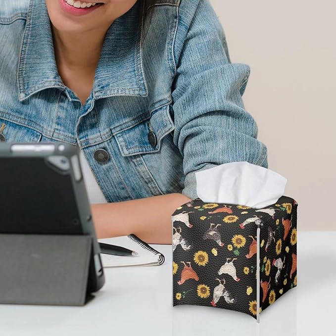 Rooster Chicken Sunflower Tissue Box Cover Modern Tissue Case Facial Paper Organizer Dispenser Square Decorative PU Leather Tissue Box Holder for Vanity Countertop