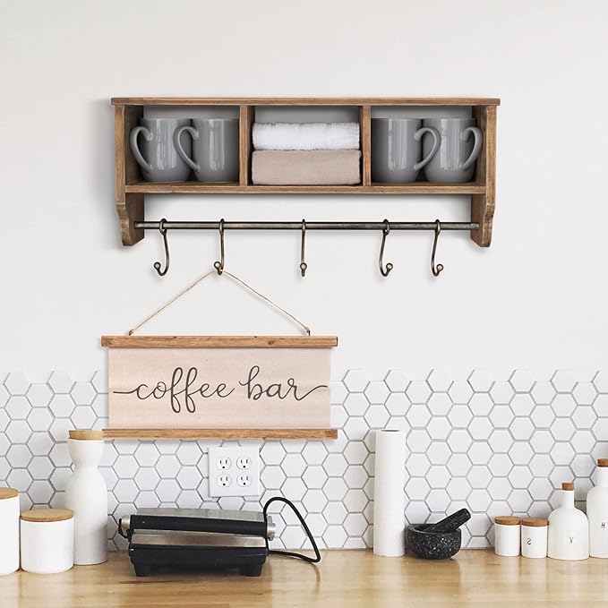 HBCY Creations Wall Mounted Shelf with Coat Hooks and Baskets, Solid Wood Entryway Organizer Wall Shelf with Hooks - Hang Coats, Keys or Coffee Mugs, Rustic Brown 24" Wide
