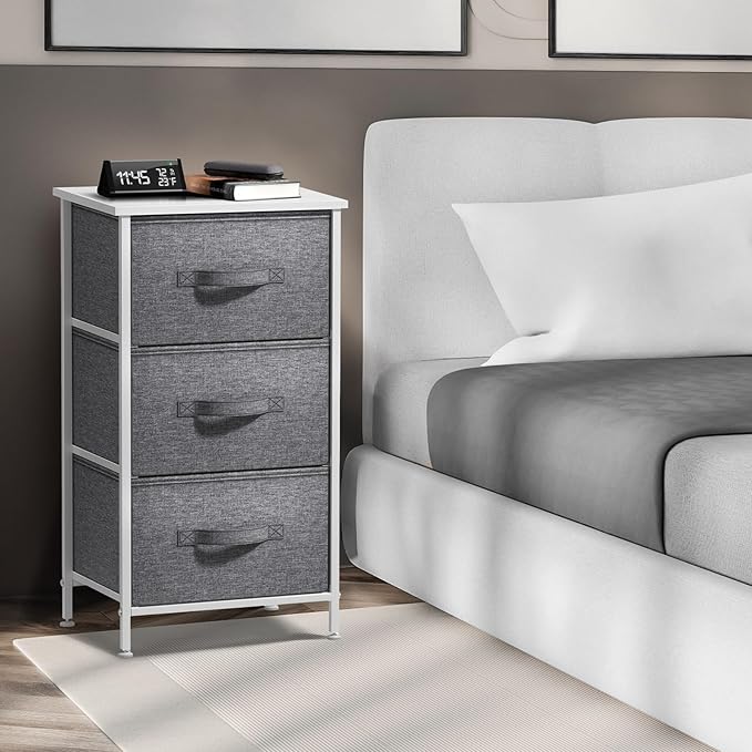 Sorbus Nightstand with 3 Drawers - Bedside Furniture & Night Stand End Table Dresser with Steel Frame, Wood Top, Easy Pull Fabric Bins for Home, Bedroom Accessories, Office & Dorm