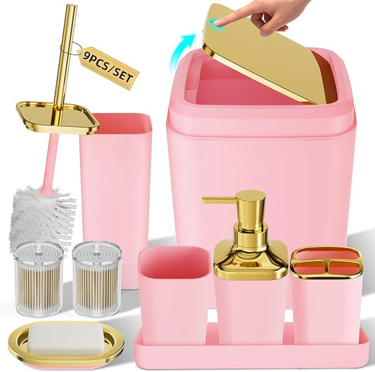 Bathroom Accessories Set - Luxury Pink Bathroom Set, 9 Pieces Bathroom Accessory Set, Pink Bathroom Accessories with Trash Can, Toilet Brush & Soap Dispenser