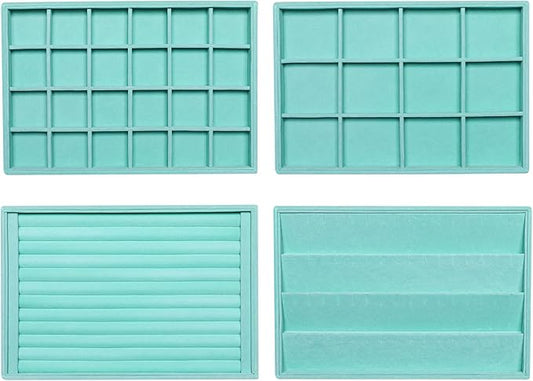 Frebeauty Stackable Velvet Jewelry Organizer Trays for Drawers Inserts Jewelry Storage Tray Display Case, Stud Earrings Bracelets Necklace Rings Accessories Trays for Women(Set of 4)(Turquoise)