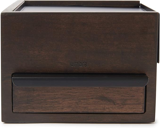 Umbra Mini Stowit Jewelry Box - Modern Keepsake Storage Organizer with Hidden Compartment Drawers for Ring, Bracelet, Watch, Necklace, Earrings, and Accessories, Black/Walnut