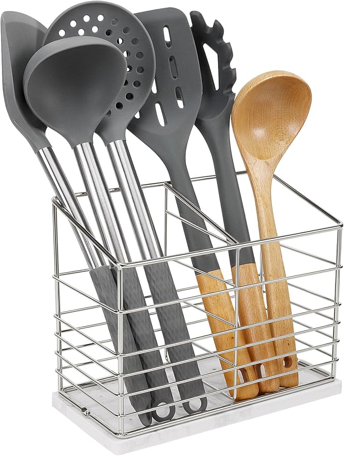 Utensil Holder for Kitchen Counter, Metal Utensil Holder Rack for Kitchen Countertop, Cooking Tools Storage for Spatula, Utensil Organizer with Marble Base, and Drainage Hole (Chrome Marble)