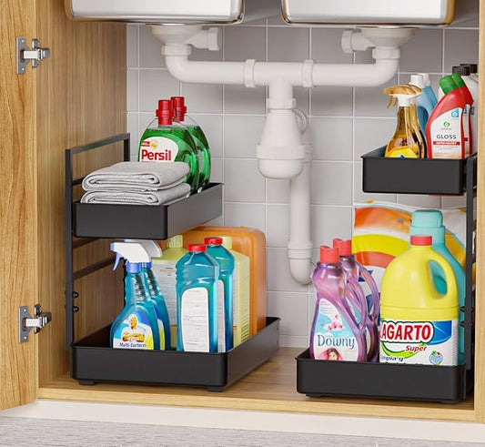 EVERIE Height Adjustable 2 Tier Metal Pull Out Slide Shelf Organizer for Under Sink Cabinets in Kitchen, Bathroom, with Snap-on Top Tray, 16" Deep (Black, 2 Sets) | Pull Out, Slide Shelf