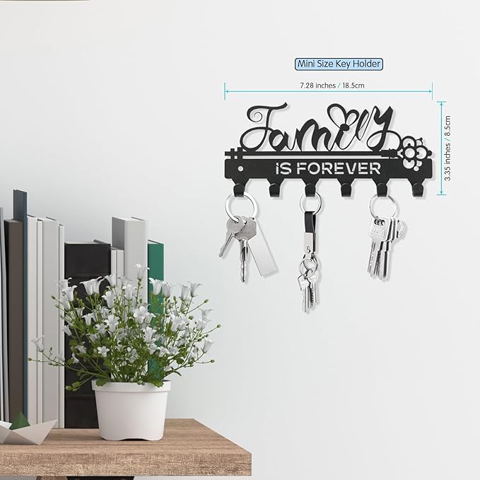 ”Family is Forever”Mini Key Holder Wall Mounted,Small Key Holder on Wall,Black Metal Decorative Key Rack Hooks for Garage,Mudroom,Hallway,Entryway,Front Door,Office(Mini Size:18.5x8.5cm)