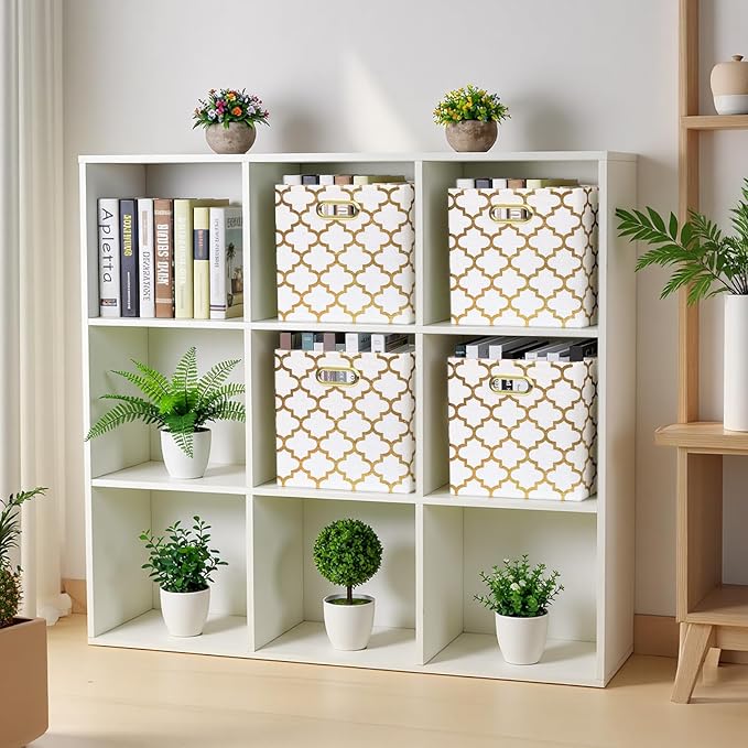 Posprica 11x11x11 Storage Cube Bins, Collapsible Storage Bins Fabric Storage Cubes Organizer Baskets Box Drawers for Shelves, Closet, Wardrobe, Bookshelf, Cabinet, Cream/Gold Lantern, 4 Pack