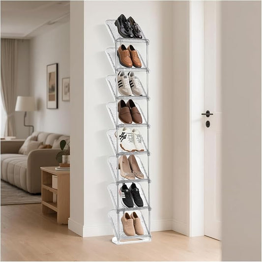 Vertical Shoe Rack 8 Tiers Narrow Clear Sneaker Storage Holder Luxurious Slim Tall Organizer Space Saving Shelf for Entryway Garage 10.4" W x 64.5" H x 9.8" D (Transparent)