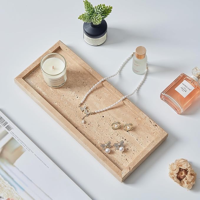Natural Small Marble Vanity Tray, Luxury Stone Organizer for Bathroom & Kitchen | Holds Soap Dispenser, Jewelry, Perfume | Non-Resin, Non-Ceramic Décor (Travertine, M (11.8" x 5.1" x 0.78"))
