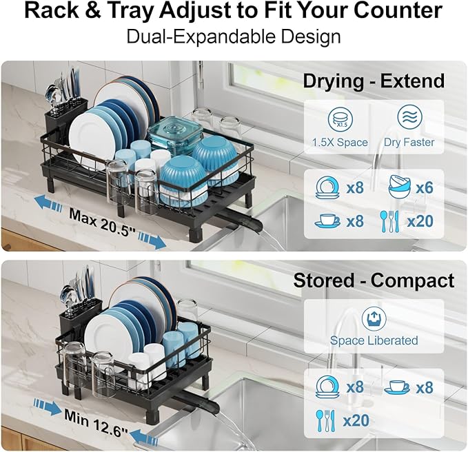 GSlife Expandable Dish Drying Rack for Kitchen Counter - Compact Rust-Resistant Dish Racks with and Cup Holder for Small Apartment, 12.2" W x 12"-20.5" L, Black