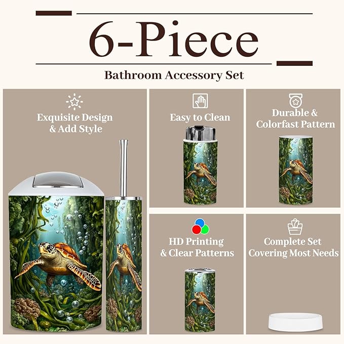 6 Piece Bathroom Accessories Set Dynamic Sea Turtle Tale Bubbles Kelp Vibrant Colors Trash can Toilet Brush Holder Toothbrush Holder Toothbrush Cup Soap Dispenser Soap Dish for Home