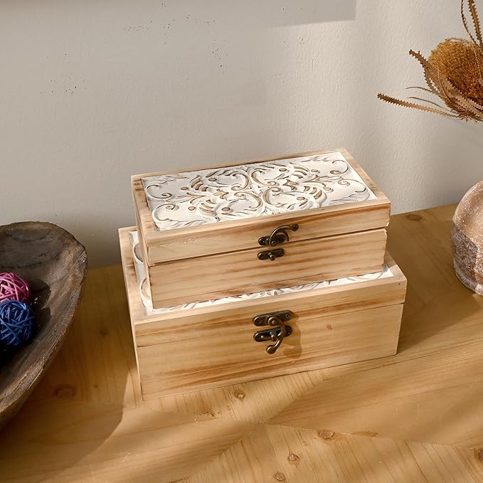 Wooden Storage Box Set of 2 - Hand Carved Floral Decorative Boxes with Hinged Lids - Solid Pine Keepsake Organizer for Jewelry, Photos, and Rustic Farmhouse Home Décor