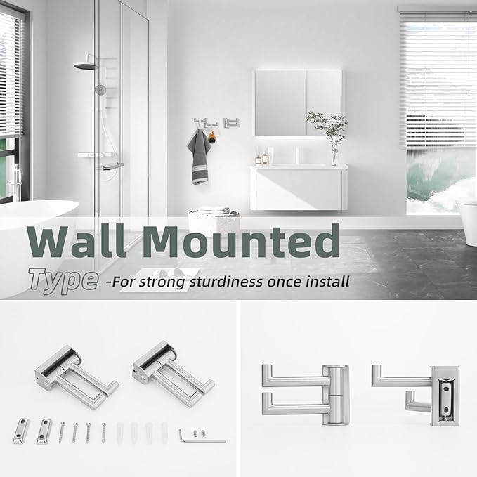 Brushed Nickel 2 Pack Swivel Coat Hooks, 304 Stainless Steel Foldable Towel Hooks with 2 Rotating Arms, Wall Mounted