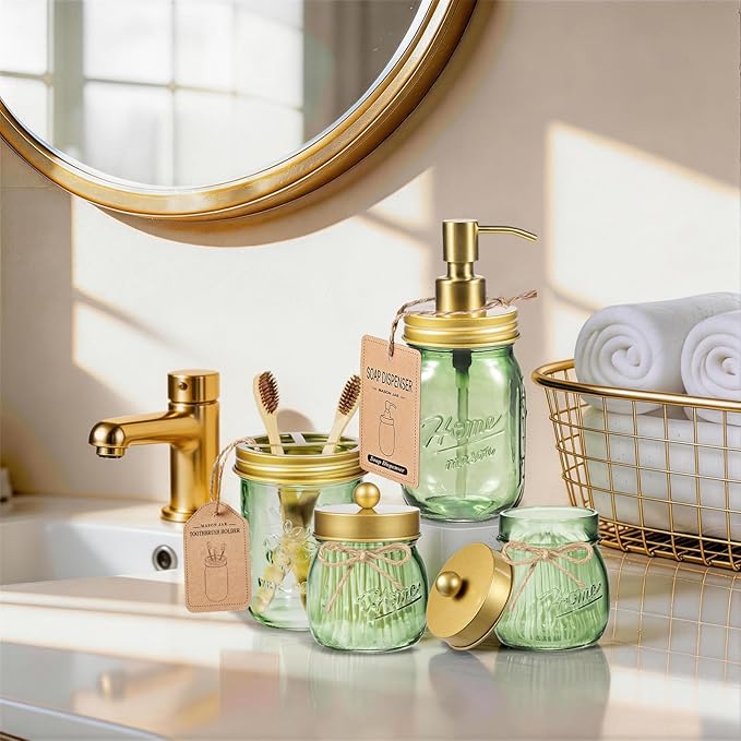 Amolliar Green Bathroom Accessories Set, 4Pcs Mason Jar Glass Bathroom Set, Lotion Soap Dispenser, Toothbrush Holder, 2 Qtip Holders, Rustic Farmhouse Bathroom Decor, Countertop Vanity Organizer, Gold