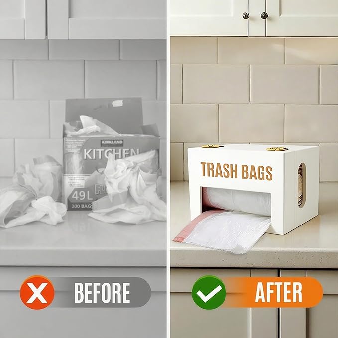Extra Large White Bamboo Trash Bag Holder Dispenser, Fits Costco & Sam's Club Jumbo Rolls, Under-Sink, Cabinet & Wall Mount Organizer, Garbage Bag Storage for Kitchen, Pantry, Garage