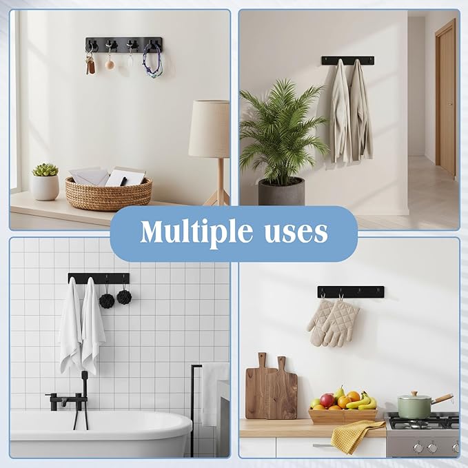 1 Pcs Adhesive Key Holder for Wall Acrylic Key Holder with 4 Hooks for Entryway, Door, Bathroom, Kitchen, Hang Keys, Hats, Dog Leashes, and Accessories(Black)