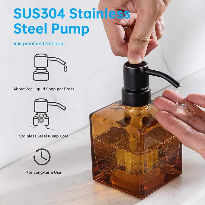 Square Bathroom Soap Dispenser Amber Bottle with Oil Rubbed Bronze Pump, Retangle Cube 8.4 oz Glass Bottles with Stainless Steel Pump Hand Liquid Soap Dispenser Kitchen