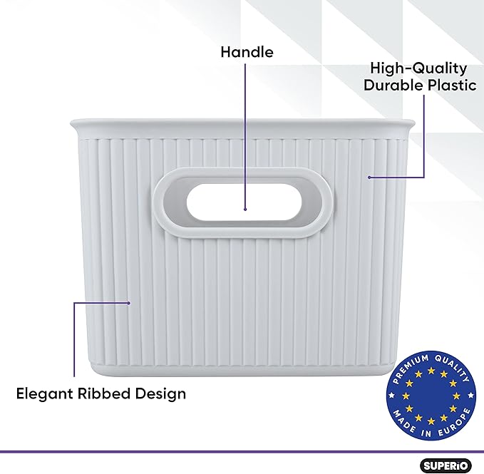 Superio Ribbed Collection - Decorative Plastic Basket Open Home Storage Bins Organizer, Medium White Smoke (2 Pack) Container Boxes for Organizing Closet Storage Bins for Shelves Drawer Shelf 5 Liter