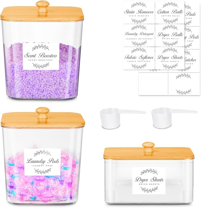 efluky 3 Pack Laundry Pods Container & Dryer Sheet Holder Set, Clear Laundry Room Organization Containers with Bamboo Lids and Labels, Detergent Pods Storage for Scent Booster, Powder