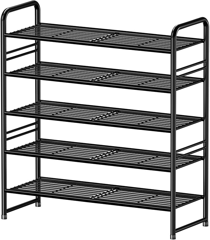 5 Tier Stackable Shoe Rack, 32.5" Wide All Metal Free Standing Shoe Storage Organizer for Entryway, Closet, Black