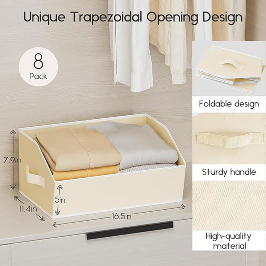 Large Closet Organizers and Storage Bins - 6 Pack Trapezoid Storage Baskets for Shelves, Foldable Fabric Baskets with Handles Ideal for Closet, Basket, Wardrobe and Shelf Storage, Beige