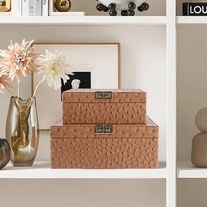 HofferRuffer Square Decorative Boxes, Set of 2 Nesting Storage Memory Keepsake Boxes with Lids, Stylish PU Leather Trinket Jewelry Organizer Box for Home Decor and Storage (Camel Ostrich)