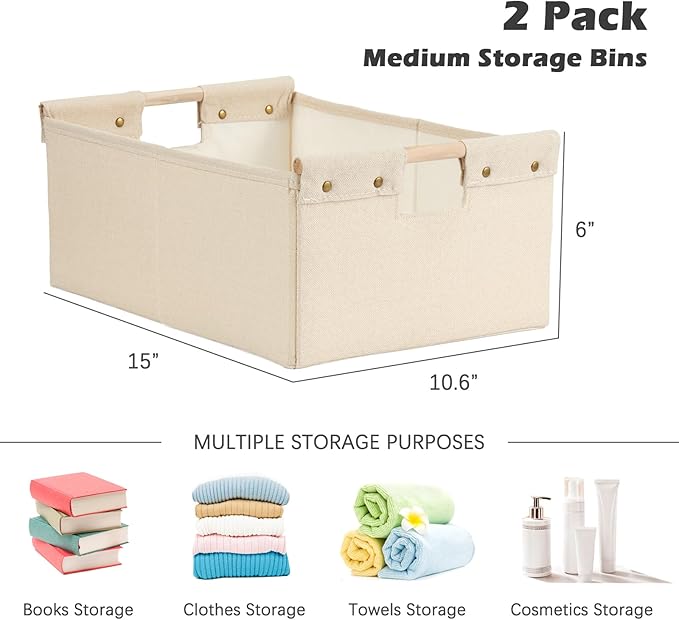 2PCS Storage Bins Cotton Linen Fabric Storage Boxes Basket with Wooden Handles Foldable Washable Decorative Shelf Container Clothes Organizer Home Laundry - Medium Size, Beige