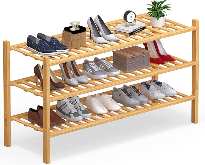 Haddockway Long 3 Tier Bamboo Shoe Rack Storage Organizer,Multifunctional Free Standing Stackable Shoe Shelf with Grid Panel for Closet,Hallway,Entryway,Small Space 34.2"x11"x20"