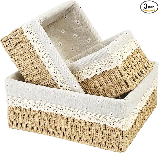 Wicker Storage Baskets 3-Pack Set, Hand-Woven Paper Rope Rattan Bins with Removable Liner, Multi-Size Organizer Baskets for Pantry, Countertop, Bedroom, Bathroom, Shelves (Beige, L+M+S)