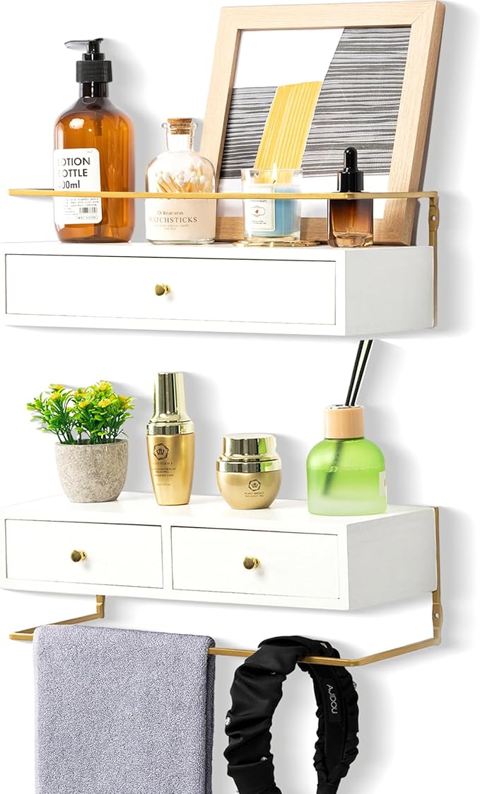 Floating Shelves With Drawers Set of 2, Wall Mounted Bathroom Storage, Rustic Wood Shelves for Bedroom, Living Room, Kitchen, Home Decor, Plants, Books (White)