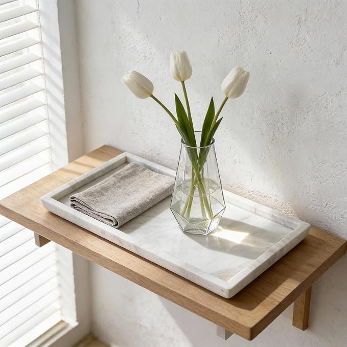 Natural Marble Vanity Bathroom Tray, 12 x 6 Inch Elegant Home Decor Tray for Kitchen,Bathroom,Dresser, Coffee Table,Sink Storage Holder Organizer, Jazz White (NS051)