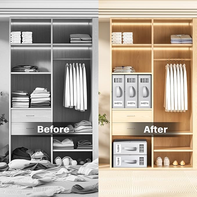 Foldable Bedding Organizer, Fabric Storage Bins for Bed Sheets, Duvet Covers and Pillowcases, Closet Organizer, Storage Container Boxes for Blankets, Clothes (2 pack(Full or Twin), Grey)