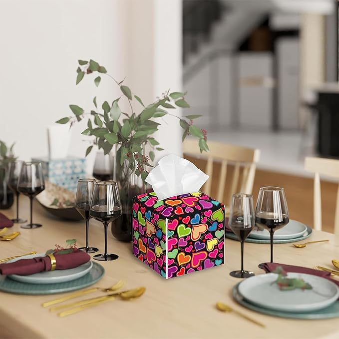 Rainbow Hearts Tissue Box Cover Square,Tissue Box Holder with Belt Bottom,Stylish Leather Napkin Holder for Vanity Countertop,Nightstands,Office Desk,5.2"Ã5.2"Ã5.2"