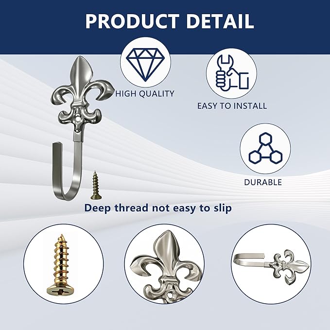 4 Pack Vintage French Fleur De Lis Decorative Wall Hooks, Heavy Duty Metal Curtain Tie Backs for Hanging Coats, Towels, and Robes, Wall Mounted Hangers for Entryway & Bathroom (Silver)
